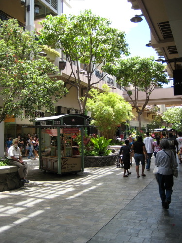Ala Moana Center open-air central promenade with multi-level shopping in Honolulu
