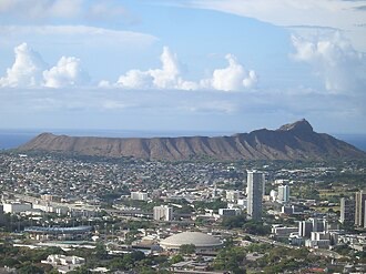 Diamond Head crater cone seen from Tantalus-Round Top Road above Honolulu.
