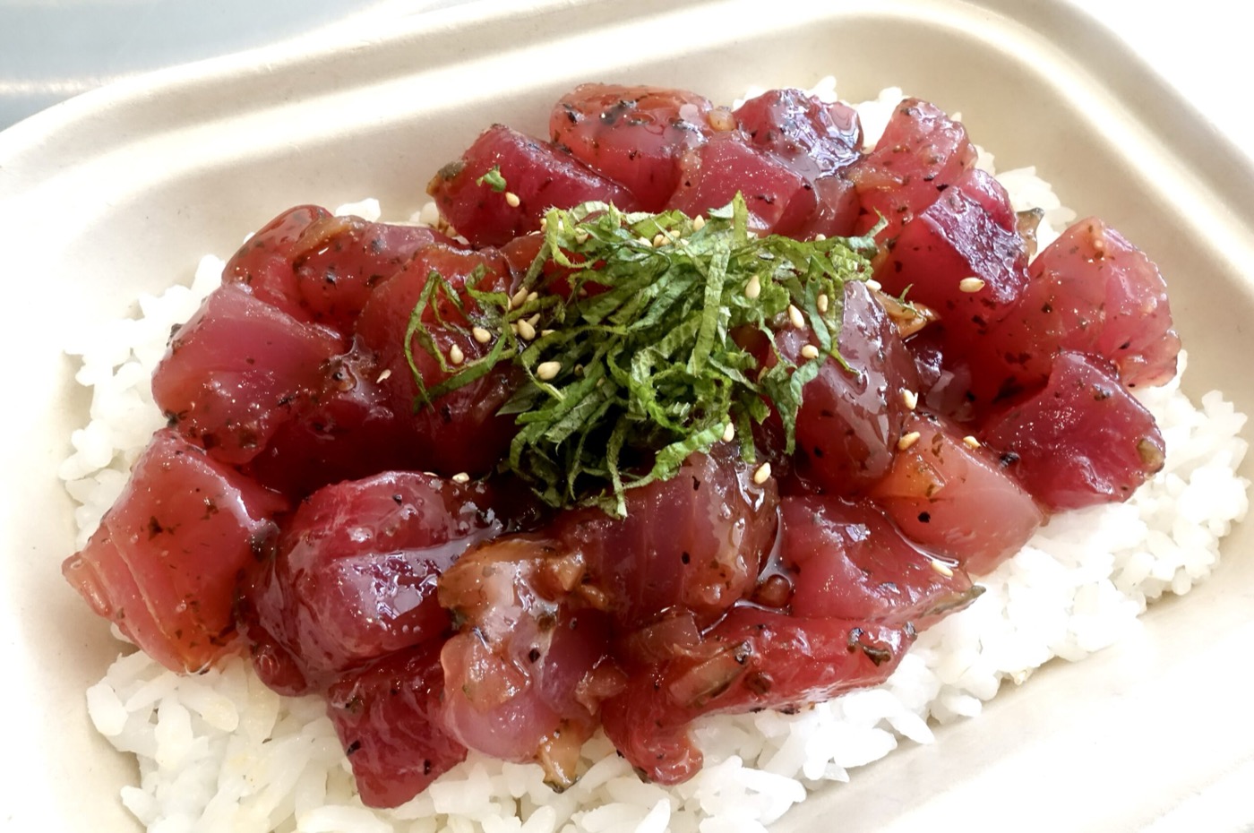 Ume shiso poke bowl with sashimi-grade tuna over seasoned rice from Maguro Brothers Hawaii.