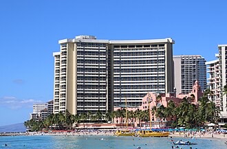 The Sheraton Waikiki seen from Waikiki Beach, home of the RumFire lounge.