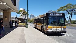 A TheBus city bus operating on its Honolulu route.
